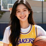 一位25岁左右的年轻女性球迷头像，长发披肩，穿着湖人队T恤，手拿篮球，笑容灿烂